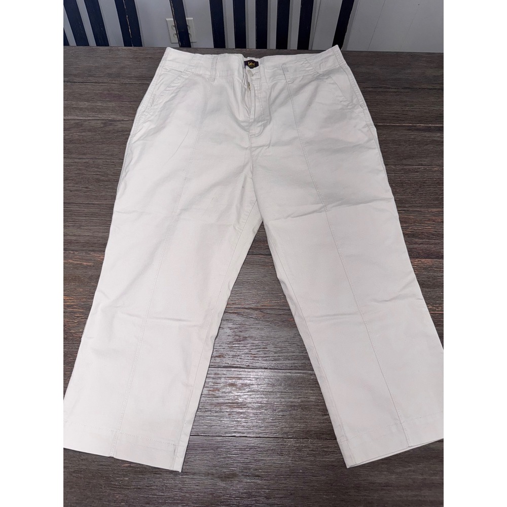 Lee Womens Beige Cropped Straight Leg Pants Size 16 High Rise Cotton Blend